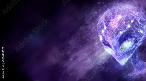 Glowing alien head in abstract cosmic nebula