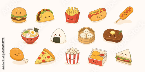 Bild auf Leinwand Cute fastfood and savory food clipart set kawaii food characters