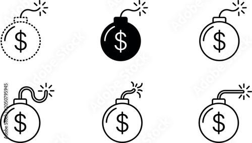 Obraz na plátně Money Bomb and Financial Risk Icon Collection with Dollar Currency Symbols, Expl