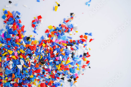 Quadro su tela Plastic colorful pieces recycling shredded for industrial use.