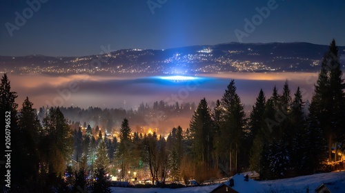 Night landscape with city lights and fog over forest