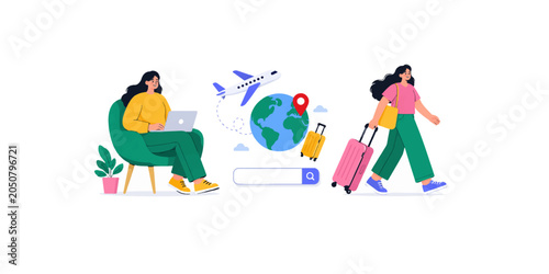 Flat illustration of travel and vacation planning. Perfect for summer trips, holiday journeys, and flight bookings. Modern tourism concept, ideal for adventure, leisure, and exploring new destinations