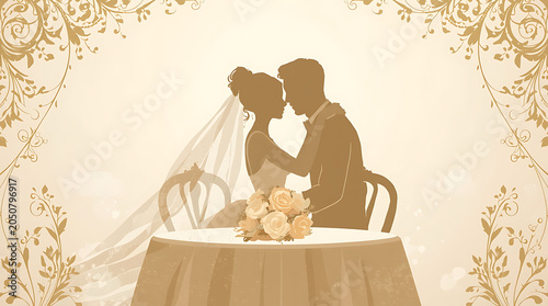 Enamored newlyweds in a beautiful white interior are sitting at a white round table. Large windows and white flying curtains.
