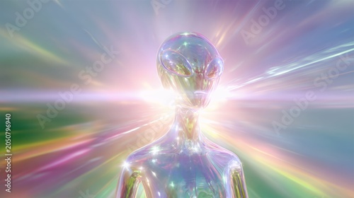 Shiny alien head sculpture with bright colorful light beams