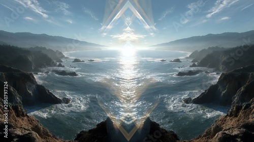 Symmetrical Ocean Coastline With Radiant Sunlight Reflection