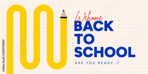 Welcome Back to School Banner with Abstract Winding Yellow Pencil on Grid Paper Background