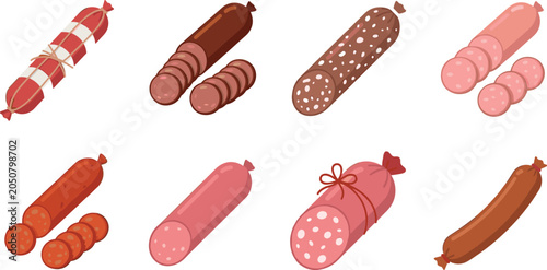 Photos Sausage and Salami Vector Icon Set Featuring Sliced Deli Meat Products, Smoked S