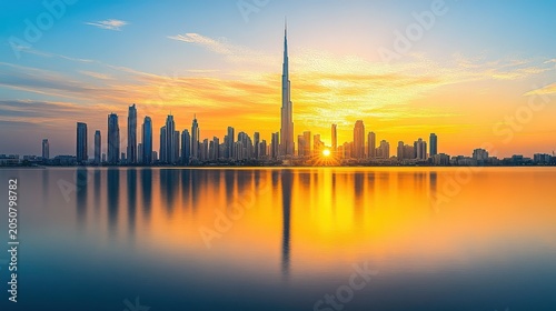 Dubai Skyline at Sunset: Reflections of Skyscrapers in Calm Water