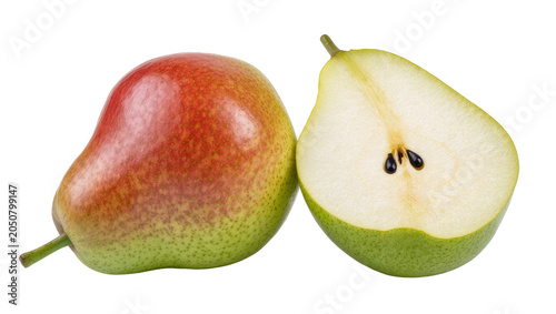 Red and green pear whole and halved, showing seeds