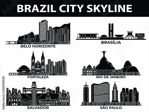 Fotografie Brazil city skyline vector illustrations of Belo Horizonte, Brasilia, Fortaleza,