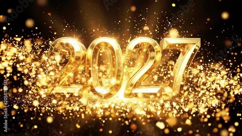 Golden 3D numerals 2027 with sparkling glitter and light rays on black background. Futuristic new year celebration digital art for holiday greetings and festive designs