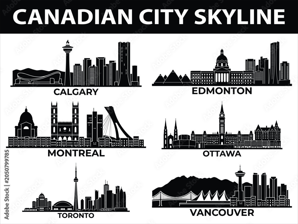 Naklejka premium Canadian city skylines Calgary Edmonton Montreal Ottawa Toronto and Vancouver Black and white vector illustration
