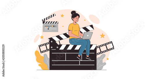 Creative Woman Working on Laptop on Movie Clapperboard, Filmmaking Concept