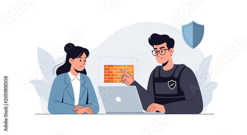 Cybersecurity expert advising on network protection and digital security with firewall concept.
