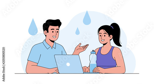 Diverse couple discussing fitness goals on laptop with water bottle and sweat drops illustration