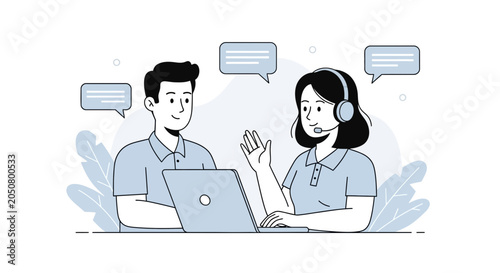 Diverse Customer Support Team Collaborating with Laptop and Chat Bubbles, Flat Illustration Style