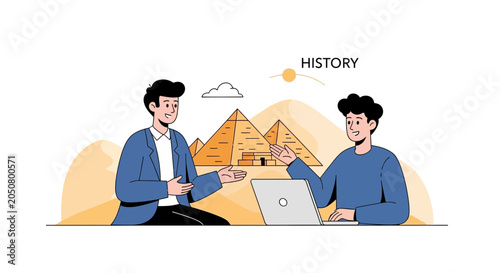 Diverse people discussing history and Egyptian pyramids with laptop, symbolizing education, travel, and research.