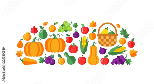 Autumn Harvest Fruit and Vegetable Assortment with Basket and Leaves