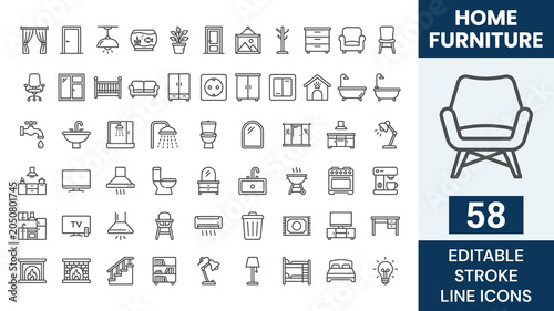 Home furniture outline editable icon set. featuring icons of various home furniture, appiliance, decoration and more. Editable stroke. Vector illustration	