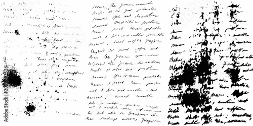 Handwritten notes and ink splatters black and white grunge texture