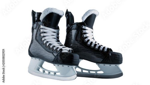 Photography Pair of black and grey ice hockey skates with white laces and fur lining