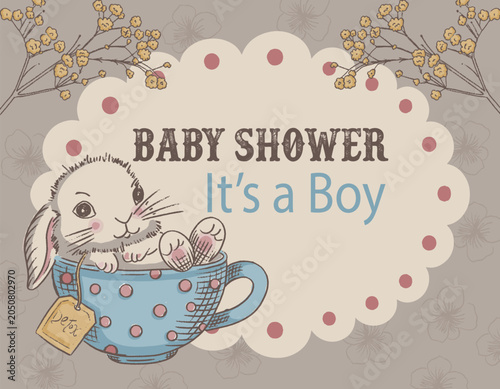 Baby Rabbit in Tea Cup Vector Card Background