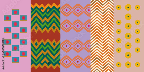 Geometric pattern collection with squares chevrons diamonds and zigzags on colored backgrounds
