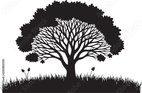 Black silhouette tree with grass and flowers on white