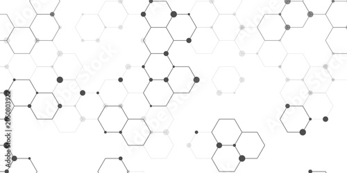 Molecular structure abstract tech background. Geometric white background. Vector banner design with hexagons. Science network pattern, connecting lines and dots Medical background, Vector illustration