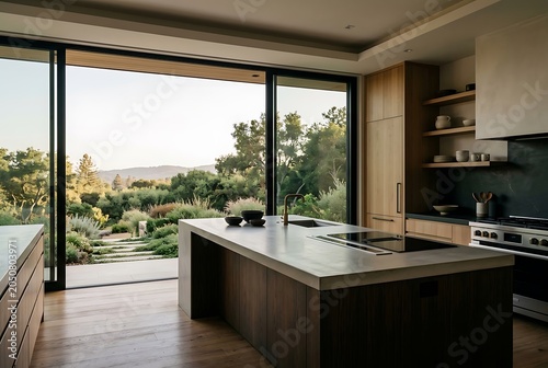 Modern minimalist kitchen with large glass doors opening to scenic landscape