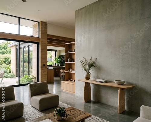 Modern Minimalist Living Room with Concrete Walls and Wooden Furniture