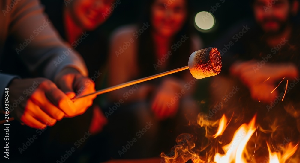Fototapeta premium Close-up of hands holding toasted marshmallow over campfire