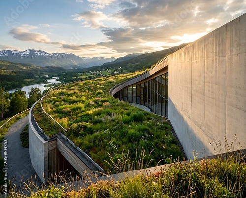 Modern Sustainable Architecture with Green Roof Overlooking Scenic Mountain Valley at Sunset