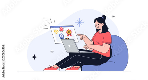 Young woman with laptop earning online rewards and certificates, symbolizing achievement, success, and digital learning.