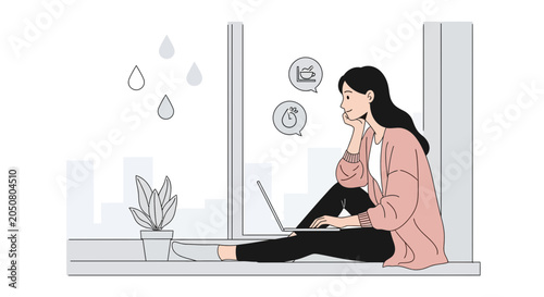 Young woman working on laptop by the window on a rainy day, with plant and city view, flat illustration style.
