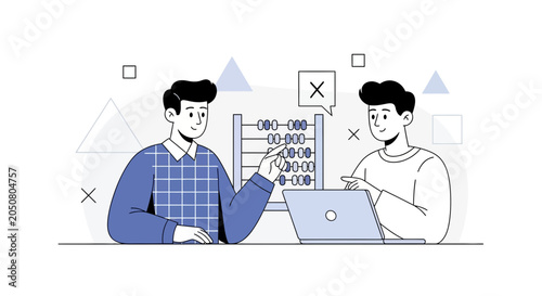 Two men collaborating on a project using an abacus and laptop, symbolizing education, finance, and teamwork.