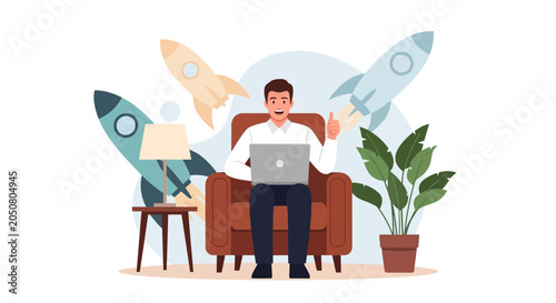 Man working on laptop gives thumbs up with rockets launching, symbolizing startup success and innovation, remote work