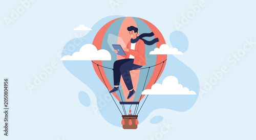 Man working on laptop in a hot air balloon, concept of remote work, freedom, and travel.