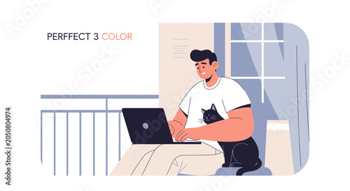 Man working on laptop with black cat on lap, enjoying balcony view, modern flat illustration style