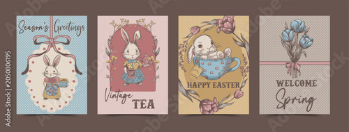 Cute Vintage Tea Time Rabbits Spring Vector Card Set