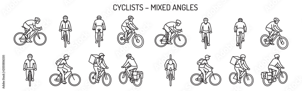 Fototapeta premium Cyclists Riding Bicycles from Mixed Angles Vector Illustration Set for Sports Training Guides, Urban Mobility Marketing and Cycling Industry Design