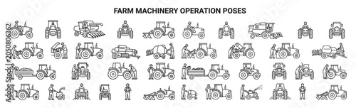 Agricultural Machinery Operation Icon Set with Tractor Combine and Farm Equipment for Agribusiness Marketing Materials and Farming Industry Graphic Design

