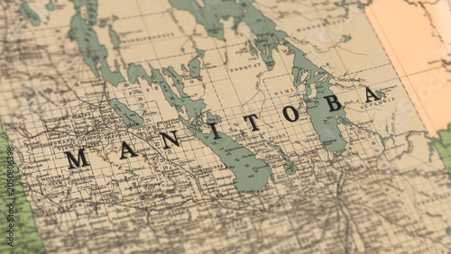 Принти на полотні Macro View of Vintage Map Highlighting Manitoba Canada with Detailed Geographic Cartography
