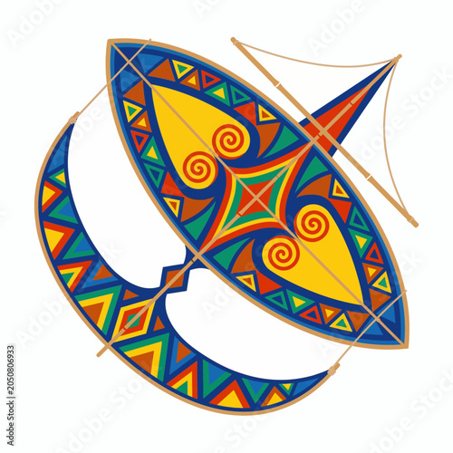 Traditional Malaysian Wau Bulan Moon Kite with Batik Pattern Vector Illustration