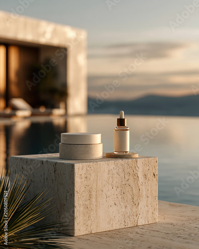 Luxury Skincare Product Mockup with Travertine Pedestal
