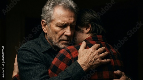 An emotional embrace between two men representing deep connection and support.