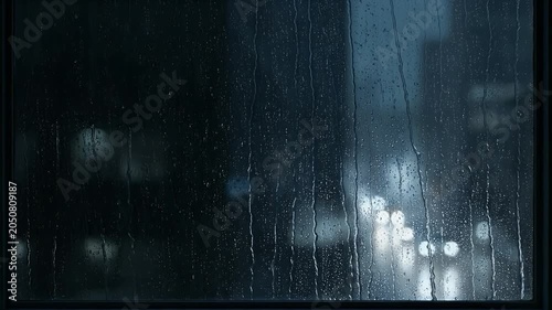 Rainy Night Cityscape through Wet Window Glass with Blurred Urban Lights