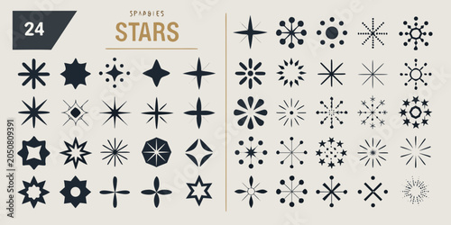 Bild auf Leinwand Collection Of Twenty Four Black Star shaped Vector Illustrations On Beige Backgr