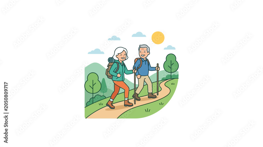 Obraz premium Happy senior couple hiking on a scenic trail with backpacks and walking sticks