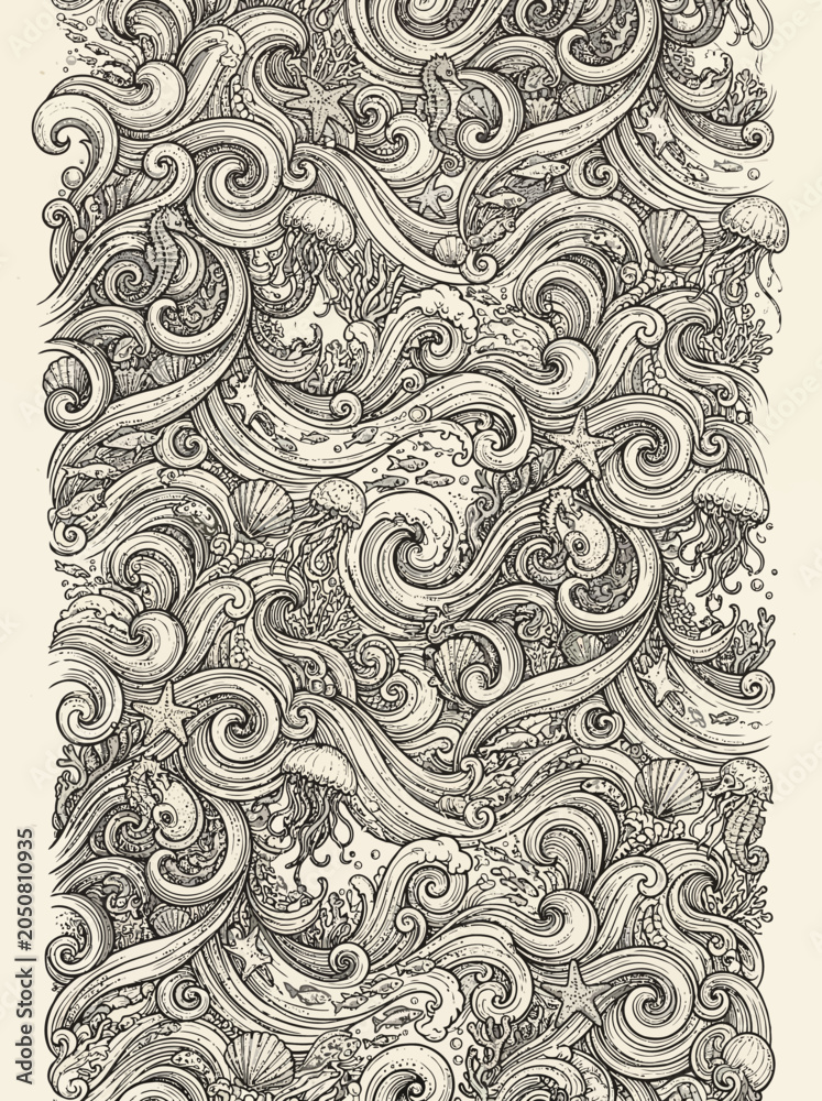 Obraz premium Intricate Nautical Ocean Wave Pattern with Marine Life and Swirling Sea Elements